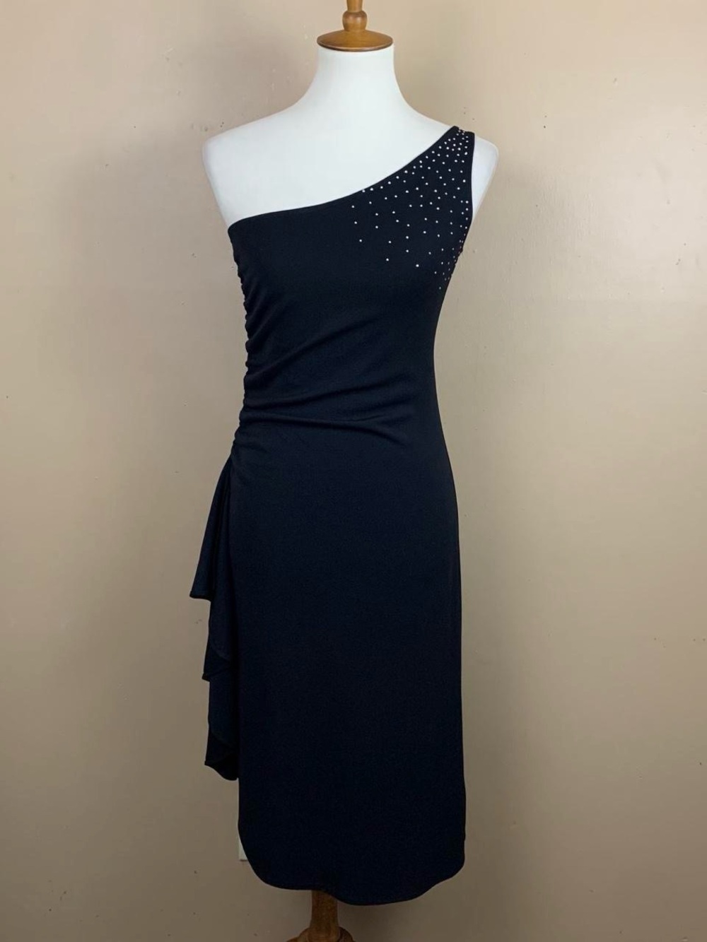 Ruby Rox Vintage Dress Womens M Black Ruched One Shoulder Rhinestones 90s USA
